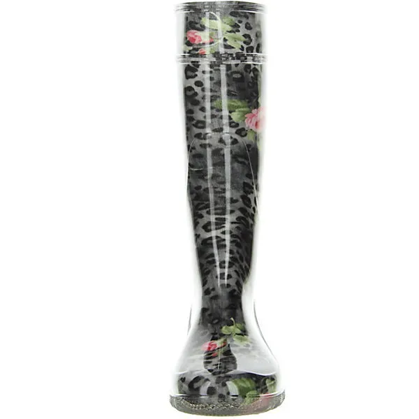 G&G Damen Wasserdichte Gummistiefel Leopardenmuster Rosenmuster Schwarz - Schwarz 4 G&G Damen Wasserdichte Gummistiefel Leopardenmuster Rosenmuster Schwarz - Schwarz – Bild 4